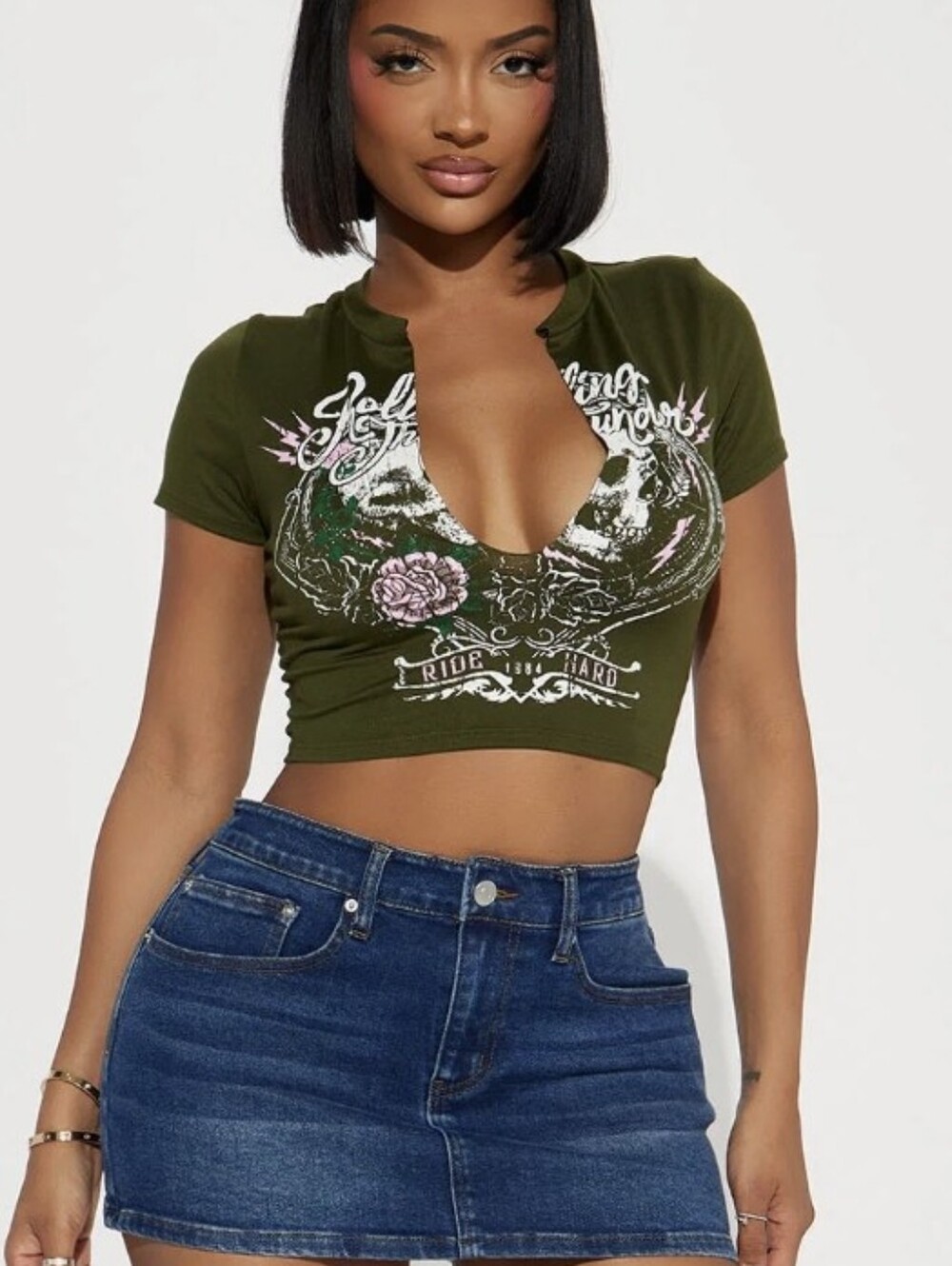 Fashion Nova, Rolling Thunder Graphic Top in Olive